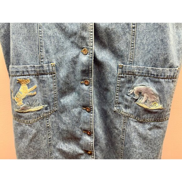 VTG Disney Denim Pooh Jumper Dress Sz L Embroidered Tigger Light Wash Cottage - Picture 3 of 12